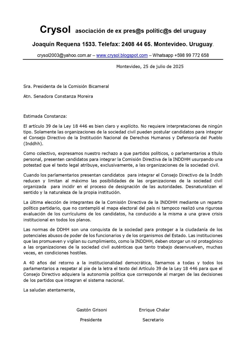 Crysol8's tweet image. Crysol protesta ante el Parlamento
Informamos a todas y todos que se mandó nota de protesta a la Presidenta de la Asamblea General Carolina Cosse, al Presidente de la Cámara de Diputados Sebastián Valdomir y a la Presidenta de la Comisión Especial Senadora Constanza Moreira.