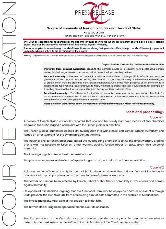 Courdecassation's tweet photo. ⚖️[Press release] Scope of immunity of foreign officials and Heads of State
👓Press release and rulings >
https://t.co/geYuof4ner https://t.co/jKLGvWKOtJ