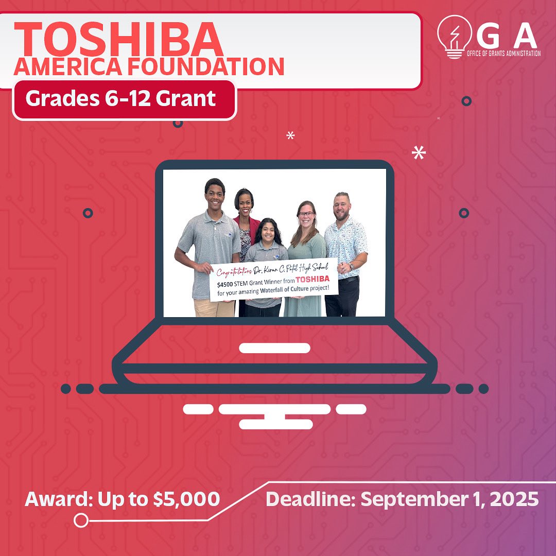 Dadegetsgrants's tweet photo. ‼️GRANT OPPORTUNITY‼️ 

The Toshiba America Foundation is awarding up to $5,000 through their Grades 6-12 Grants for innovative projects in the classroom. The deadline to apply is September 1, 2025.

🔗Link in our bio to apply! https://t.co/6KDMpUL7bh