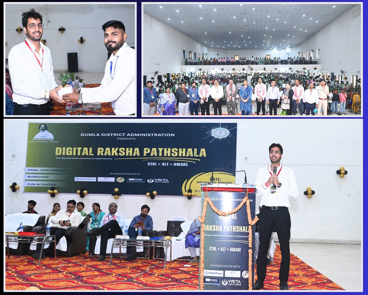 vivek_kmr_singh's tweet image. Honored to be part of #DigitalRakshaPathshala in Gumla, organized by @DCGumla to raise #CyberAwareness among students.
@VritaVentures shared insights on cyber threats, safety tips &amp;amp; reporting via cybercrime.gov.in 
#CyberSafety #DigitalIndia #VritaForChange