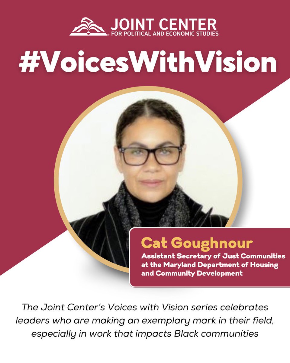 JointCenter's tweet image. This month, the Joint Center highlighted three leaders who are making an exemplary mark in their field for our new Voices with Vision series:
➡️ @CatGoughnour, assistant secretary, Just Communities at the Maryland Department of Housing and Community Development
➡️ John Horrigan,…