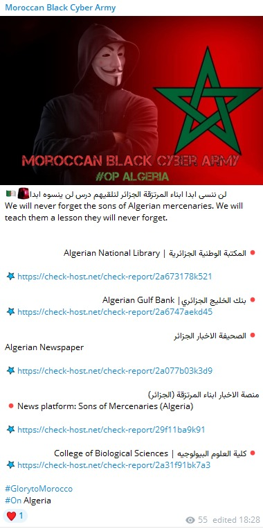 FalconFeedsio's tweet image. 🚨 DDoS Alert:🇩🇿

Moroccan Black Cyber Army claims to have targeted multiple websites in Algeria.

- Akhbar Dzair
- Gulf Bank Algérie
- National Library of Algeria
- Algeria-dz[.]com
- Plant Ecology and Environment Laboratory