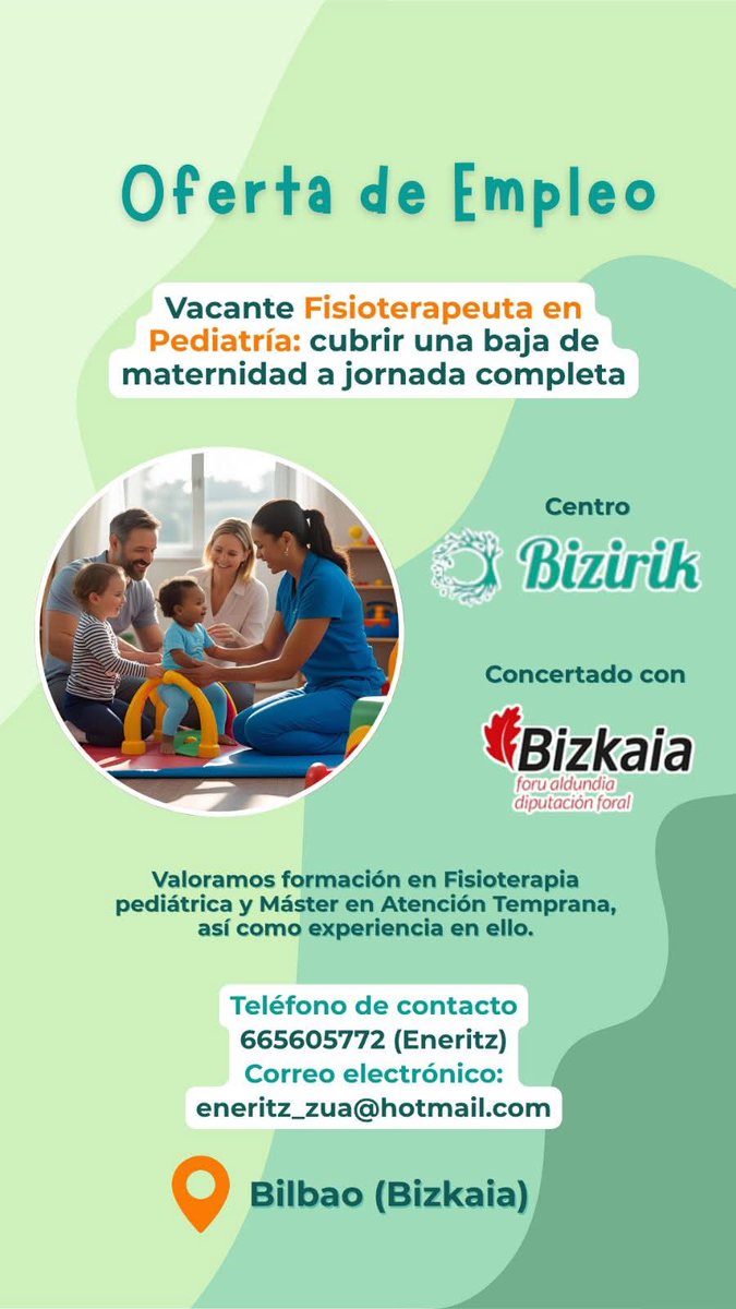 Os compartimos una oferta de empleo para un centro en Bilbao 👇🏻