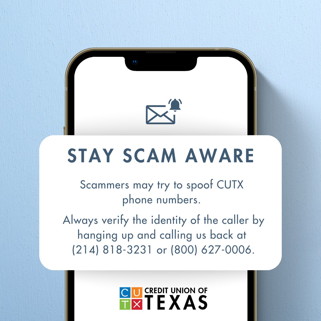 CUTexas's tweet image. Be aware of spoofing! Scammers can mimic phone numbers to make it seem like they’re calling from Credit Union of Texas. Always verify the identity of the caller by hanging up and calling us back at (214) 818-3231 or (800) 627-0006. Stay safe and protect your personal information.…