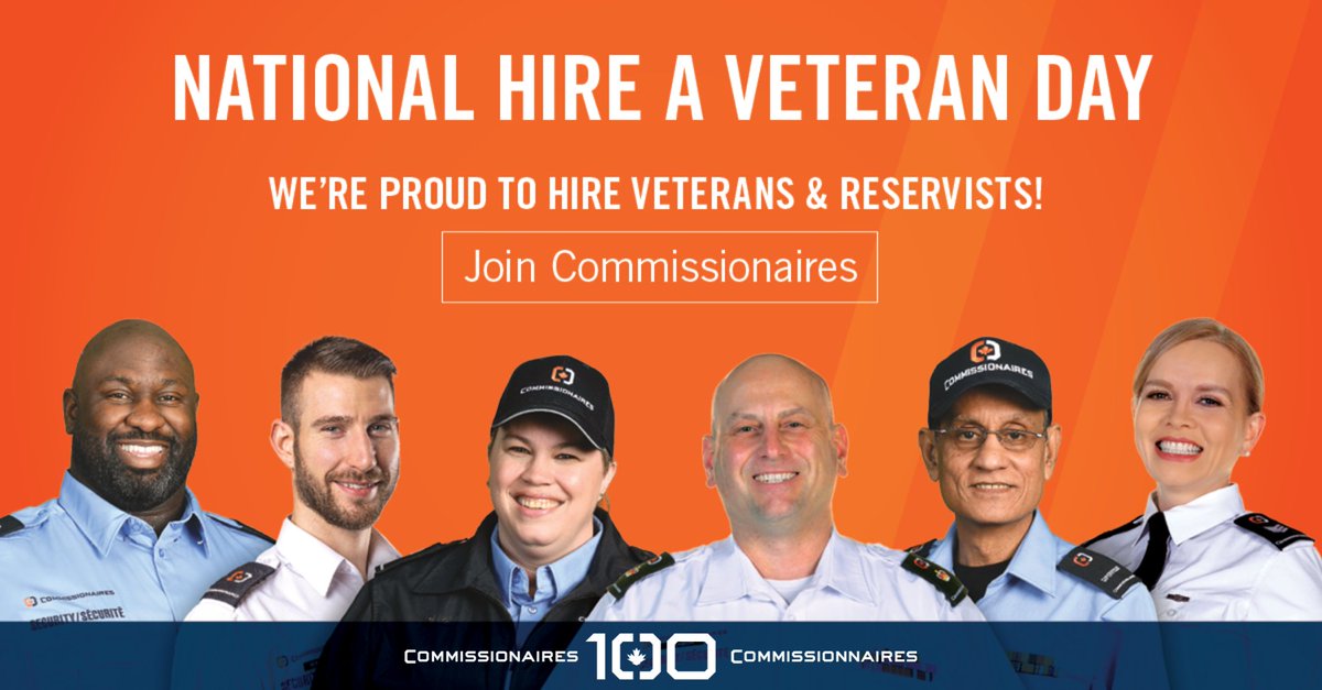 July 25 is National Hire a Veteran Day and this year, on this day, Commissionaires celebrates 100 years of providing meaningful employment to those who serve and have served. 

Apply today: commissionaires.ca/en/careers/ 

#Commissionaires100