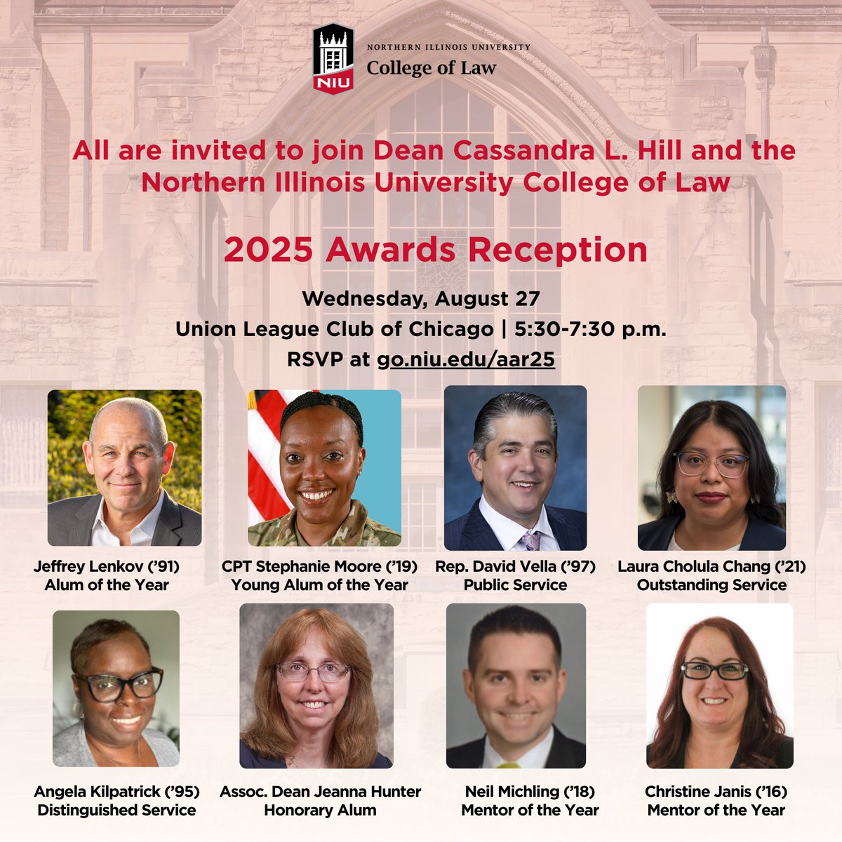 All are invited to attend the NIU College of Law 2025 Awards Reception to honor this year's award recipients. Please RSVP at go.niu.edu/aar25 by August 20 to join us in celebrating these outstanding alumni and friends!
#niulaw #niulawhasitall #NIULawIs4You #niulawproud