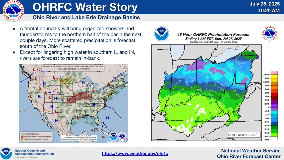 A slow moving front will sag into the northern Ohio Valley, generating active weather the next couple days, mainly north of the Ohio River.  Rain will be heavy at times, potentially leading to localized flash flooding.