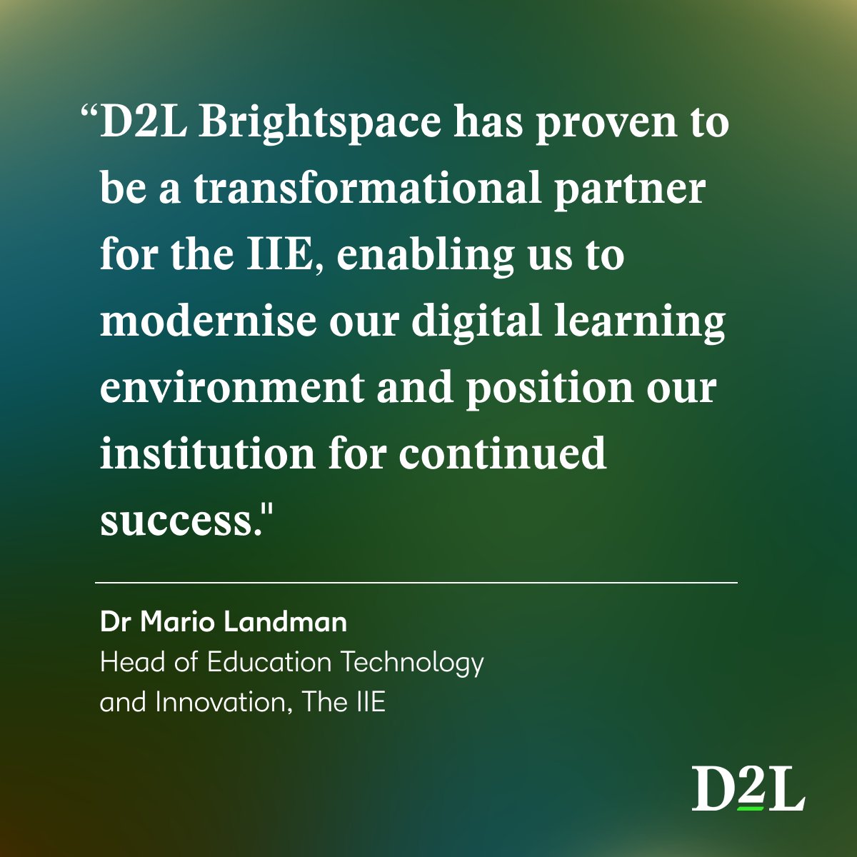D2L (@d2l) on Twitter photo We're thrilled to partner with The IIE to empower 65K+ learners across 130+ programs! Together, we’re enabling more personalised, engaging learning experiences that drive student success.
<a href="/Varsity_College/">The IIE's Varsity College</a> <a href="/VegaSchool/">Vega School</a> <a href="/RosebankRC/">Rosebank College</a> <a href="/iiemsa_za/">IIE MSA</a> <a href="/EvolveOnlineSA/">Evolve Online School 🚀</a> We're thrilled to partner with The IIE to empower 65K+ learners across 130+ programs! Together, we’re enabling more personalised, engaging learning experiences that drive student success.
<a href="/Varsity_College/">The IIE's Varsity College</a> <a href="/VegaSchool/">Vega School</a> <a href="/RosebankRC/">Rosebank College</a> <a href="/iiemsa_za/">IIE MSA</a> <a href="/EvolveOnlineSA/">Evolve Online School 🚀</a>