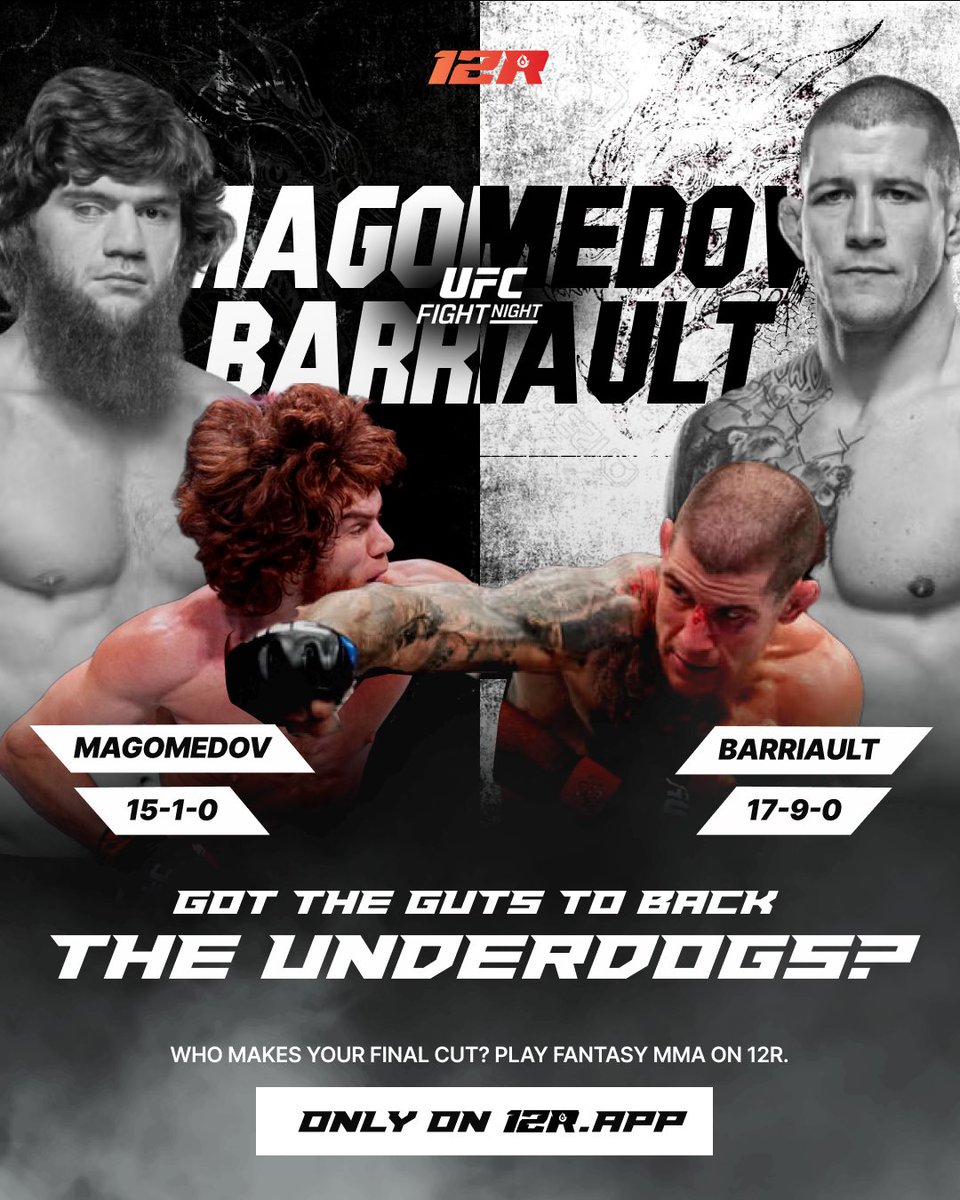 12R_App's tweet photo. Two men. Zero quit.
@Shara_Bullet77 throws bombs.
@PowerBarriault eats ‘em and keeps swinging.

Build your fantasy squad before the storm hits.

Contests close before the fight starts - July 27 only on 12R.

📲 Link in bio.

#12r #ufc #ufcfightnight #MMA https://t.co/TU1qS9E6GW