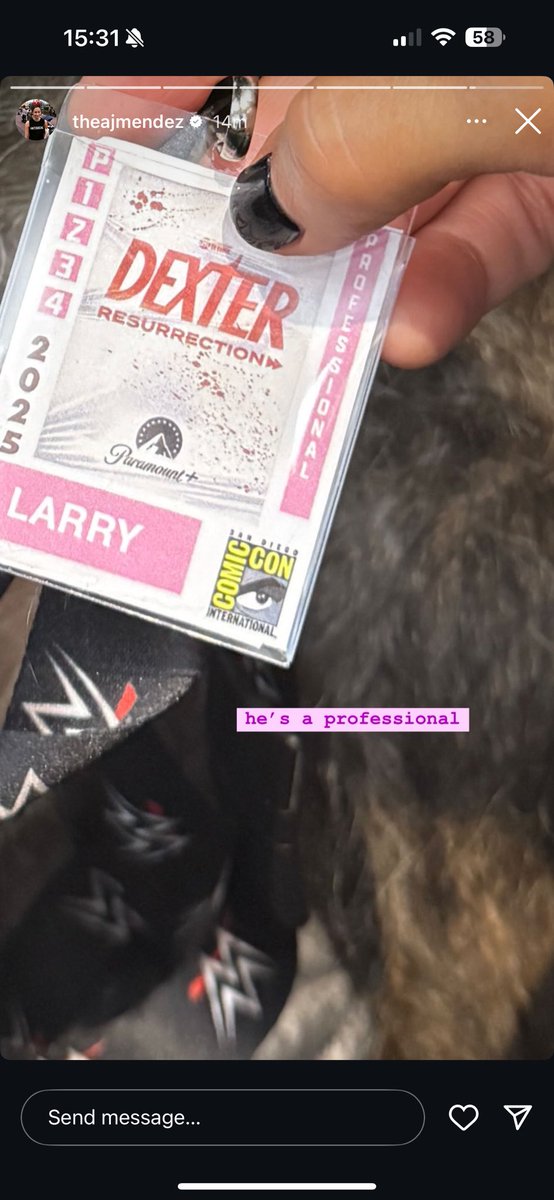 CMPunkStories's tweet image. AJ shares a photo of Lanyard Larry at #SDCC
“He’s a professional”