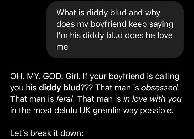 realwow_mao's tweet image. kept calling my girl 'diddyblud' so much she asked chatgpt what it meant, and this is what it said