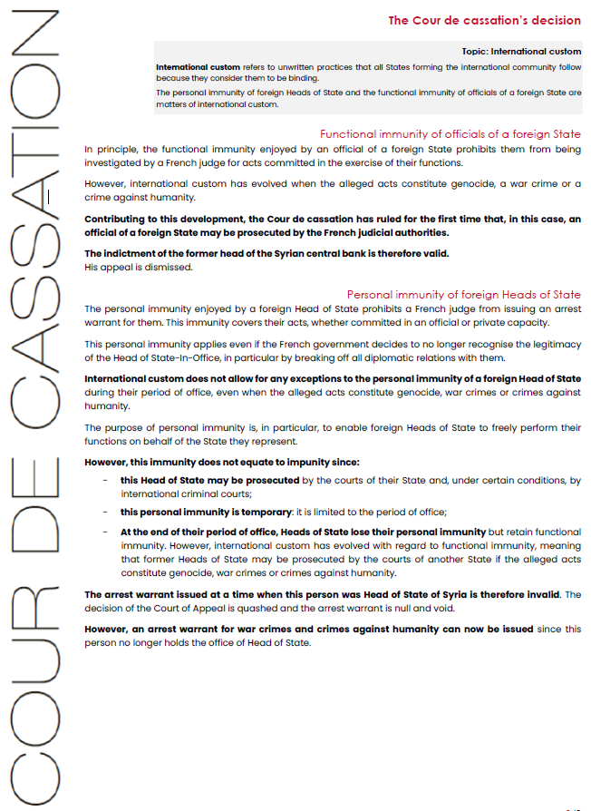 ⚖️[Press release] Scope of immunity of foreign officials and Heads of State
👓Press release and rulings &gt;
courdecassation.fr/en/toutes-les-…