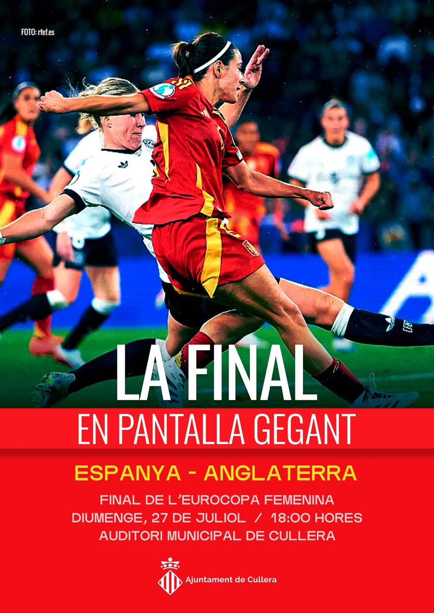 Jordi Mayor | Alcalde de Cullera (@jordi_mayor) on Twitter photo 🇪🇸 𝐄𝐒𝐏𝐀𝐍𝐘𝐀 vs 𝐀𝐍𝐆𝐋𝐀𝐓𝐄𝐑𝐑𝐀 🏴
❤️💛❤️Vine i anima a la <a href="/SEFutbolFem/">Selección Española Femenina de Fútbol</a> en la final de l’Eurocopa!
📍 Diumenge 27 de juliol | 18h | Auditori Municipal
*Entrada lliure fins esgotar aforament. 🇪🇸 𝐄𝐒𝐏𝐀𝐍𝐘𝐀 vs 𝐀𝐍𝐆𝐋𝐀𝐓𝐄𝐑𝐑𝐀 🏴
❤️💛❤️Vine i anima a la <a href="/SEFutbolFem/">Selección Española Femenina de Fútbol</a> en la final de l’Eurocopa!
📍 Diumenge 27 de juliol | 18h | Auditori Municipal
*Entrada lliure fins esgotar aforament.
