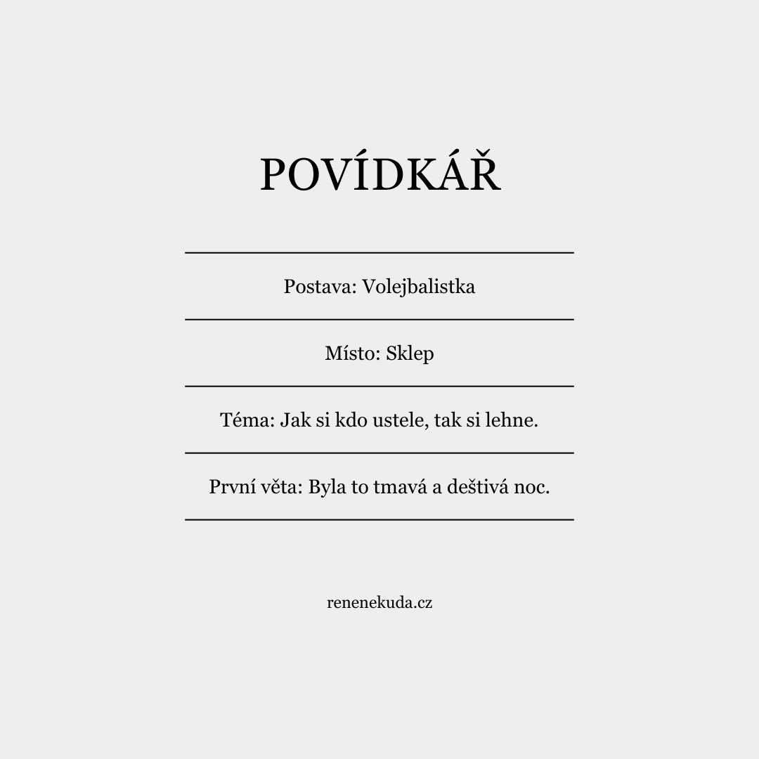 Jaké zadání vám dneska vylosoval Povídkář? Zkuste splnit jeho tvůrčí výzvu a napište krátkou scénu nebo povídku, ve které se objeví…
P. S. Více náhodných zadání najdete zde: bit.ly/povidkar #povidkar