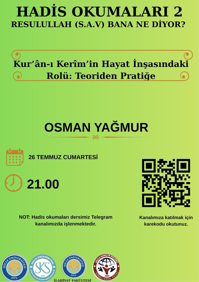 📚Hadis Okumaları Devam Ediyor!
"Resulullah(S.A.V)Bana Ne Diyor?"
 sorusunun peşinden gittiğimiz Hadis Okumaları serimizin ikincisinde, bu hafta “Kur’ân-ı Kerîm’in Hayat İnşasındaki Rolü: Teoriden Pratiğe” konusunu ele alıyoruz.

Telegram kanalının linki t.me/+fNVxOmPMCjphM…