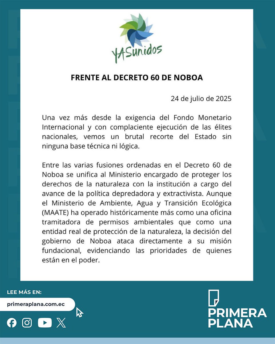 #Atención 

#Atención
🔴 Yasunidos denuncia que la fusión del Ministerio del Ambiente con el de Energía y Minas, dispuesta por el presidente Daniel Noboa, no tiene "base técnica ni lógica".
🔴 El colectivo señala que esta medida pone en riesgo la protección de los pueblos