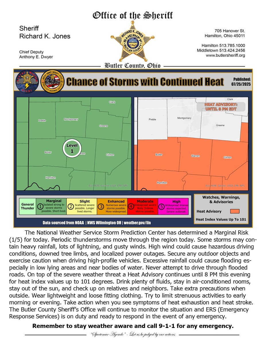 butlersheriff's tweet image. The National Weather Service Storm Prediction Center has determined a Marginal Risk (1/5) for severe weather today. Periodic thunderstorms move through the region today. Some storms may contain heavy rainfall, lots of lightning, and gusty winds. On top of the severe weather…