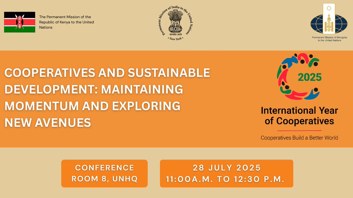 ICAAPAC's tweet image. 🌍 Another big moment for the global #CooperativeMovement at the UN!

📅 28 July
🕔 8:30–10:00 PM IST
📍 UN HQ, New York
🎥 Live: lnkd.in/e9epn8Uz
Theme: Cooperatives &amp;amp; Sustainable Development
Speakers from 🇮🇳 🇰🇪 🇲🇳, ILO &amp;amp; NAFED India
#IYC2025 #CoopsYear