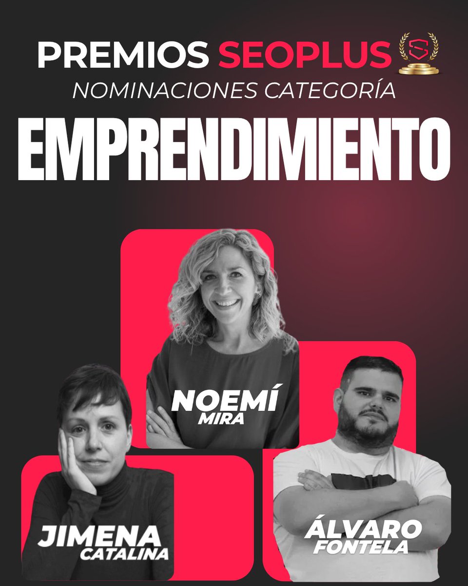 Seoplus (@seoplustv) on Twitter photo Nominaciones categoría: Emprendimiento
Porque sus ideas han impulsado proyectos digitales que dejan patente la fuerza del SEO para generar negocio.
<a href="/subidubi/">Jimena Catalina</a>
Álvaro Fontela <a href="/RaiolaNetworks/">Raiola Networks</a>
Noemí Mira Nominaciones categoría: Emprendimiento
Porque sus ideas han impulsado proyectos digitales que dejan patente la fuerza del SEO para generar negocio.
<a href="/subidubi/">Jimena Catalina</a>
Álvaro Fontela <a href="/RaiolaNetworks/">Raiola Networks</a>
Noemí Mira