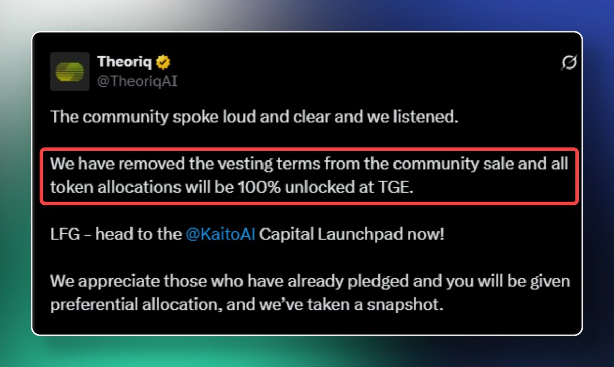 FourVork's tweet image. Time Sensitive Theoriq ICO news
Theoriq changed their ICO terms. Now tokens are fully unlocked at tge.
Current @TheoriqAI ICO terms:
- All token allocations will be 100% unlocked at TGE.
- $75M FDV (last round was 150M)
- Min/Max Allocation: $1,000 - $100,000
1b supply…