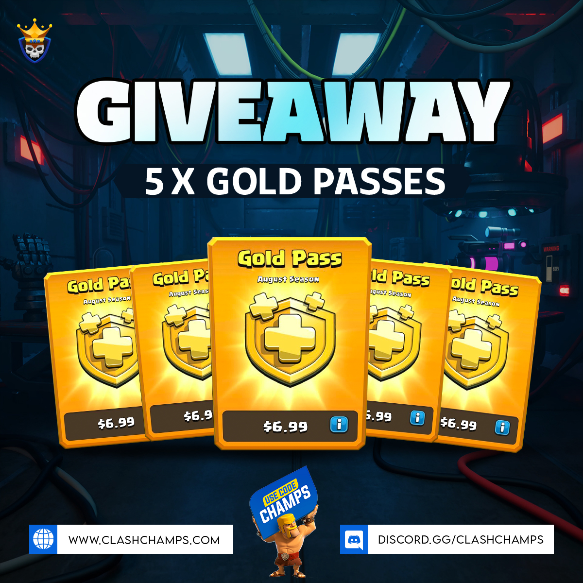 Clash Champs (@clashchamps) on Twitter photo 5x Gold Passes #Giveaway! 🤑
To Enter:
⚔️ Follow <a href="/ClashChamps/">Clash Champs</a>
⚔️ RT and Tag 2 Friends
🔥 BONUS - Post a screenshot of using:
💀 App 👉 link.clashchamps.com
💀 Code CHAMPS 👉 supr.cl/CodeClashChamps
⏰ Ends 1st August 5x Gold Passes #Giveaway! 🤑
To Enter:
⚔️ Follow <a href="/ClashChamps/">Clash Champs</a>
⚔️ RT and Tag 2 Friends
🔥 BONUS - Post a screenshot of using:
💀 App 👉 link.clashchamps.com
💀 Code CHAMPS 👉 supr.cl/CodeClashChamps
⏰ Ends 1st August