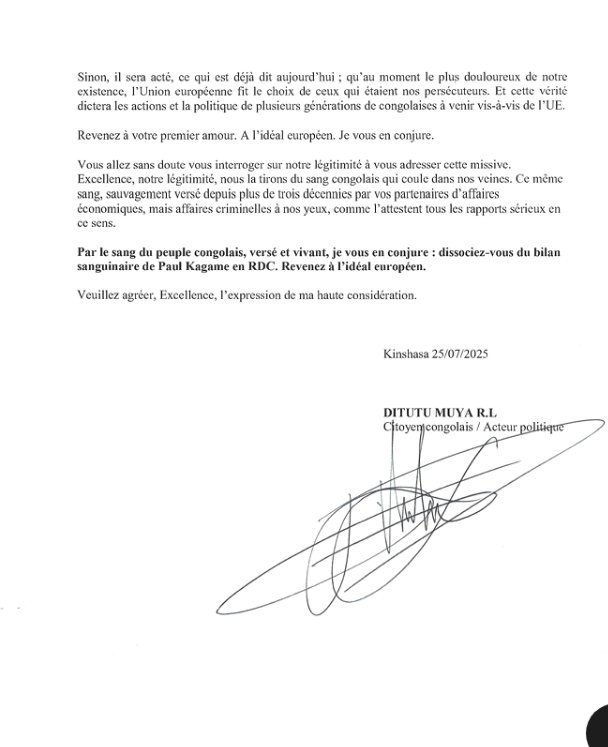 Ce jour, nous avons adressé une lettre ouverte à l’ambassadeur de l’UE en RDC, en réaction à la collaboration engagée entre l’UE et l’État voyou du Rwanda sur les matières premières critiques  lesquelles constituent la principale source de l’agression rwandaise contre notre pays.