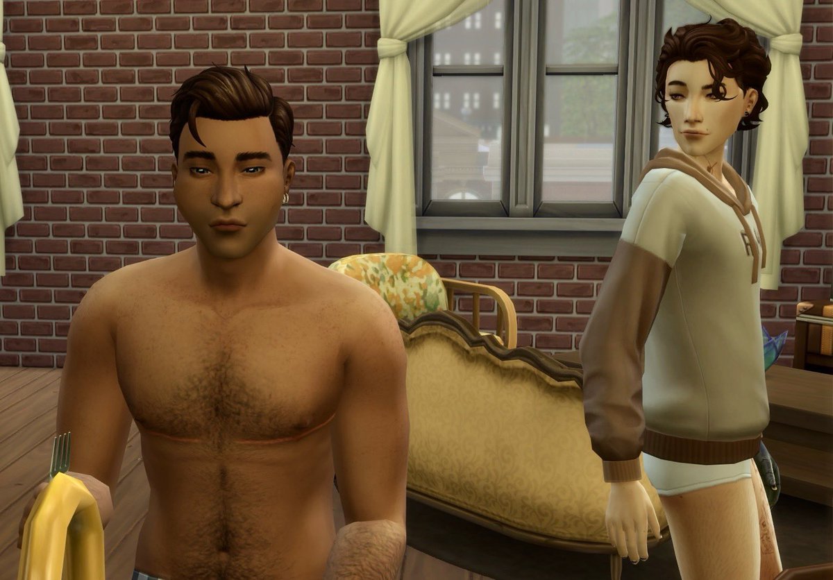 lemonnvalo's tweet image. my stupid vikjayce/jayvik combination sims. Why is viktor looking at him so Rudely. And jayce big baby eyes and cheeks So #Cute. Don’t look at his chest he’s in his pajamas