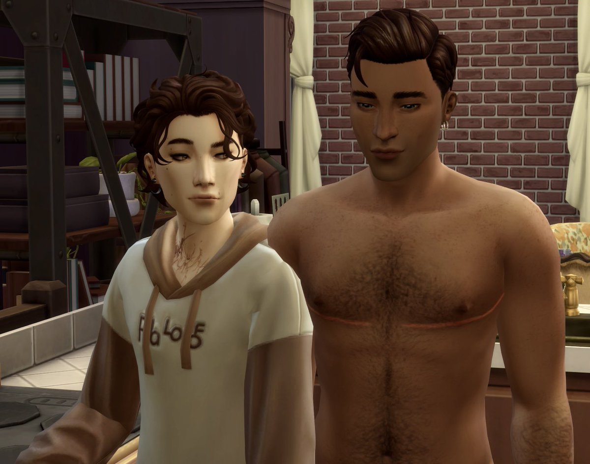 lemonnvalo's tweet image. my stupid vikjayce/jayvik combination sims. Why is viktor looking at him so Rudely. And jayce big baby eyes and cheeks So #Cute. Don’t look at his chest he’s in his pajamas