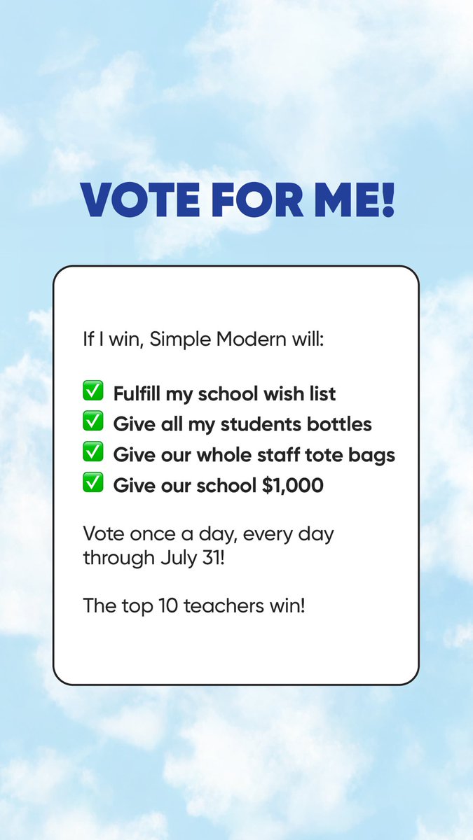I signed up for this contest to try to win some prizes for my school thinking it would be a long shot, but looks like I’m in the top 50!

Do your civic duty and vote for me!!🗳️❤️😁

simplemodern.com/pages/stock-yo…