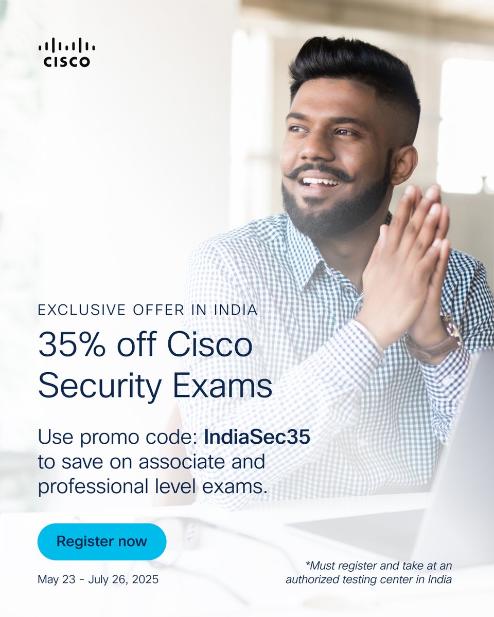 LearningatCisco's tweet image. Last chance to save on a #CiscoCert exam in India! 🇮🇳
Get 35% off Cisco Cybersecurity Associate, CyberOps Professional, and CCNP Security certification exams—save up to US$140.
⚠️ Hurry, offer ends July 26, 2025.
#CCNP