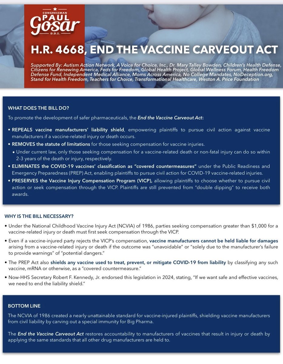 drsimonegold's tweet photo. BREAKING: Rep. Paul Gosar has introduced H.R. 4668 — the End the Vaccine Carveout Act — to finally strip vaccine manufacturers of their blanket liability shield.

Right now:
- If a car’s airbag kills your child, you can sue.
- If a pharmaceutical pill causes a stroke, you can sue.
- But if a vaccine causes paralysis, myocarditis, or death — you’re funneled into a federal program where the manufacturer is immune, the government defends the product, and most claims are denied.

This bill would:
- REPEAL the legal immunity Big Pharma enjoys
- RESTORE your right to civil action
- HOLD vaccine makers accountable like every other drug company

It’s long past time we protect people from Big Pharma negligence.