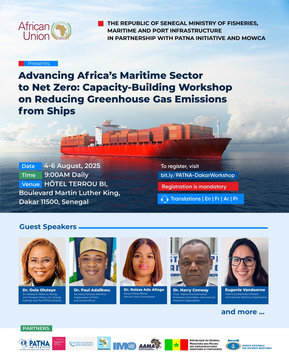 Can Africa lead a just &amp; green maritime transition- or would Africa be left behind?

From Aug 4-8, maritime leaders would gather in Dakar for a high-level workshop on reducing GHG emissions from ships and aligning with the IMO strategy.

Register here: bit.ly/PATNA-DakarWor…