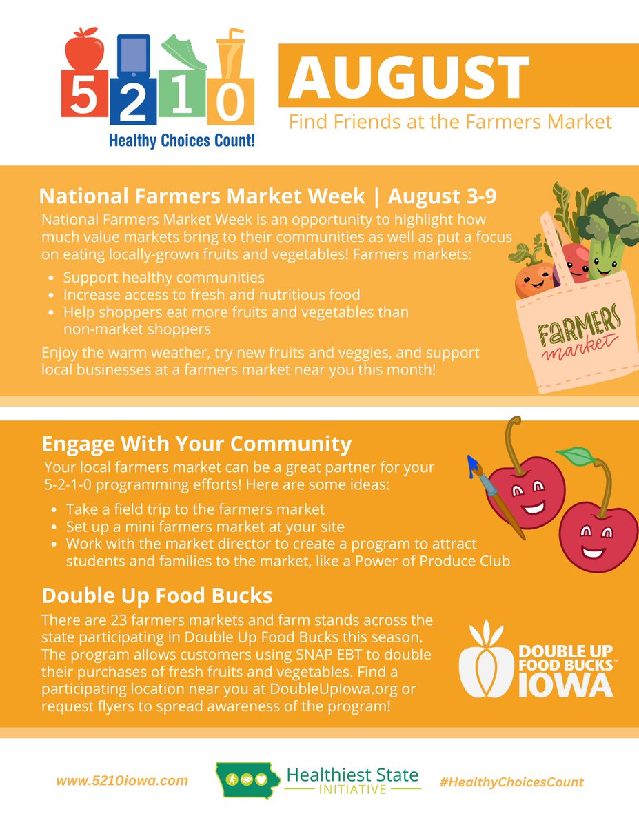 In August, find friends at your farmers market with some help from the newest 5-2-1-0 #HealthyChoicesCount Feature! Celebrate #NationalFarmersMarketWeek and engage with your community's farmers to learn about the food we eat and where it comes from. 🧑‍🌾🌽

iowahealthieststate.com/5210/feature
