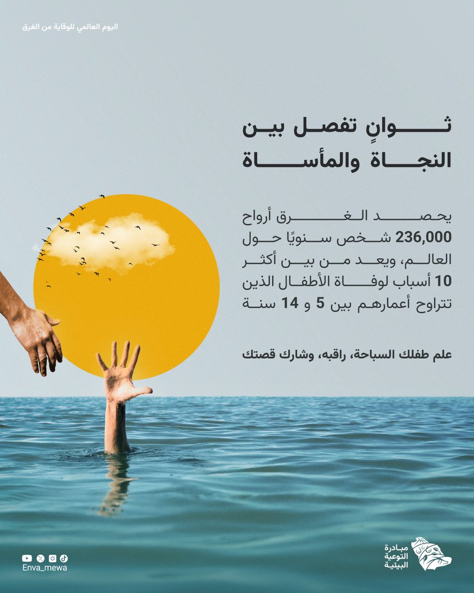 بين الحياة والمأساة ثوانٍ خاطفة، وقعت فيها كثير من قصص النجاة  الملهمة، قصتك قد تنقذ حياة إنسان، شاركها لتنشر الوعي بأسباب الغرق. 
#مبادرة_التوعية_البيئية
#اليوم_العالمي_للوقاية_من_الغرق