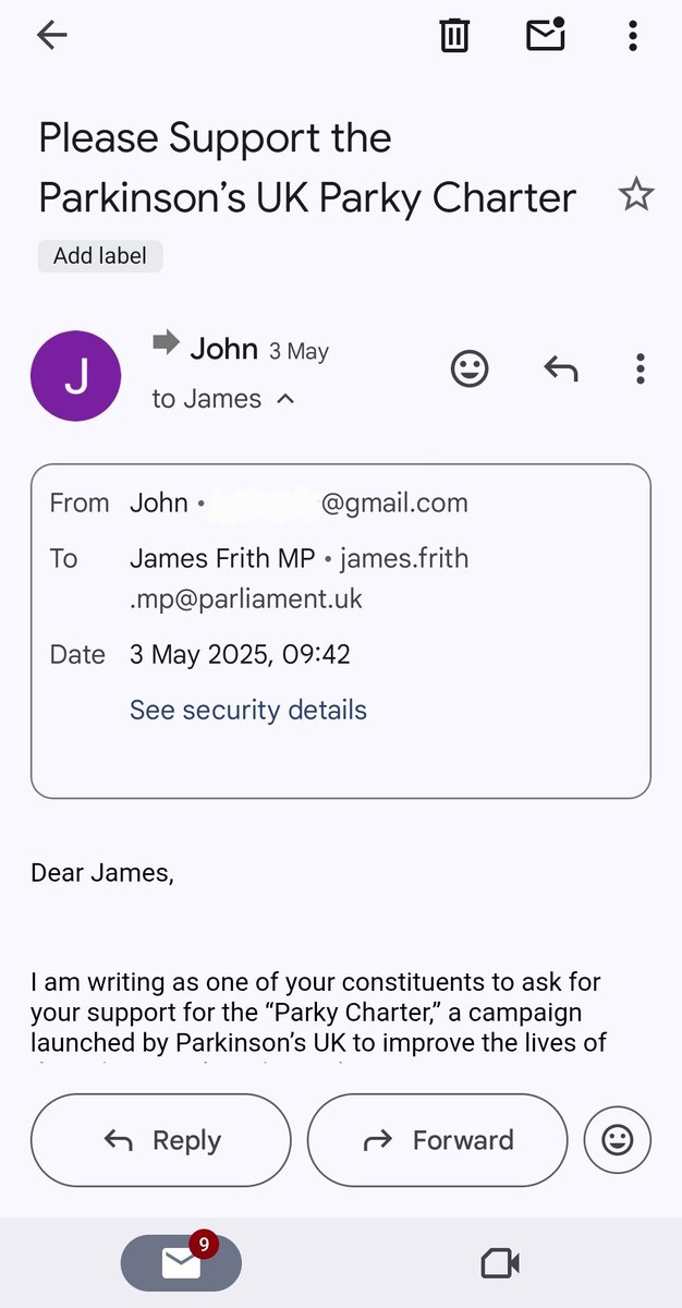 John Morton (@johnsback2) on Twitter photo Almost 3 months since emailing my MP <a href="/JamesFrith/">James Frith MP</a> regarding support for people with Parkinson's.
No response. Chased up. No response. How do I get a response?
#ParkyCharter
#Parkinsons
<a href="/ParkinsonsUK/">Parkinson's UK</a> <a href="/CureParkinsonsT/">Cure Parkinson's</a> <a href="/ParkinsonDotOrg/">Parkinson's Foundation</a> <a href="/ruskin147/">Rory Cellan-Jones</a> <a href="/DaveClarkTV/">Dave Clark</a> Almost 3 months since emailing my MP <a href="/JamesFrith/">James Frith MP</a> regarding support for people with Parkinson's.
No response. Chased up. No response. How do I get a response?
#ParkyCharter
#Parkinsons
<a href="/ParkinsonsUK/">Parkinson's UK</a> <a href="/CureParkinsonsT/">Cure Parkinson's</a> <a href="/ParkinsonDotOrg/">Parkinson's Foundation</a> <a href="/ruskin147/">Rory Cellan-Jones</a> <a href="/DaveClarkTV/">Dave Clark</a>