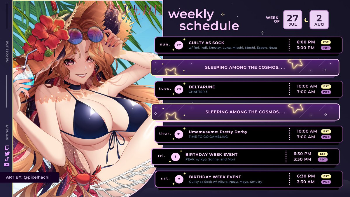 AreneVT's tweet image. ✨stream schedule jul 27th - aug 2nd
sun ~ Guilty as Sock w/ @FireOniRei @Indigointopia @smutty_pancakes @LunaEmeryVT @MischiVT @mochisaiiVT Espen & @NezuVT
tues ~ deltarune
thur ~ Umamusume
Fri - Tues ~ BIRTHDAY WEEK EVENT 🎉
🔗twitch.tv/arenevt
🎨#artrene
🔥#lewdrene