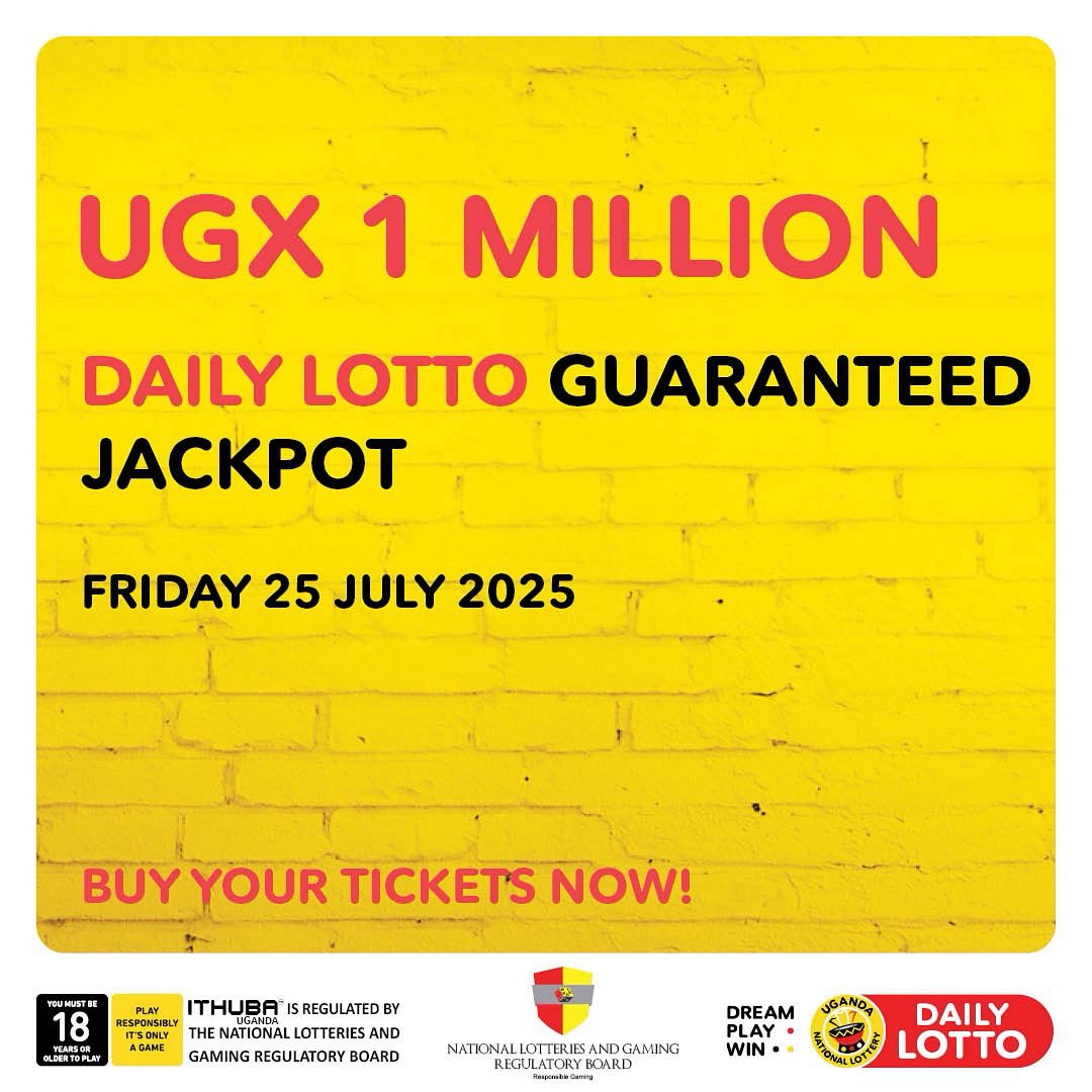 KIIS_FM_Uganda's tweet image. It’s payday buli daily. Play
#DAILYLOTTO for a GUARANTEED UG 1 MILLION jackpot on Friday 25/07/2025.
Buy your tickets NOW in authorised shops, OR by simply clicking on the link bit.ly/46e5yh6 OR Dial
*278# OR dial *185# on Airtel
Money OR *165# on MTN MoMo OR
*252#