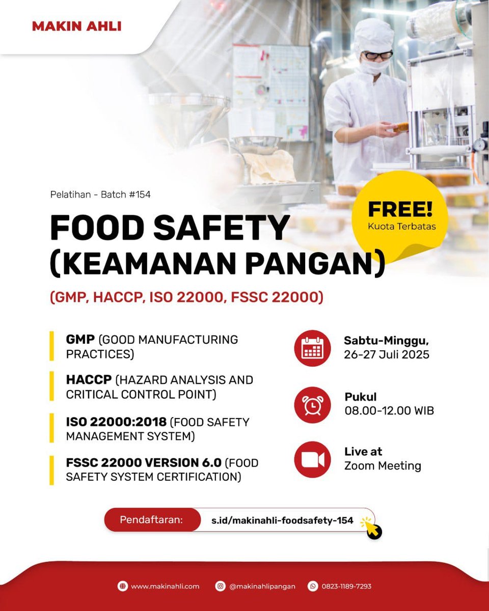 MakinAhli's tweet photo. Daftar Pelatihan @MakinAhli  dengan Topik Pelatihan Food Safety (GMP, HACCP, ISO 22000:2018, FSSC 22000 Version 6.0) di Link Ini :👇😊 https://t.co/XfWBWA0f7D https://t.co/o2CcJVIBxC
