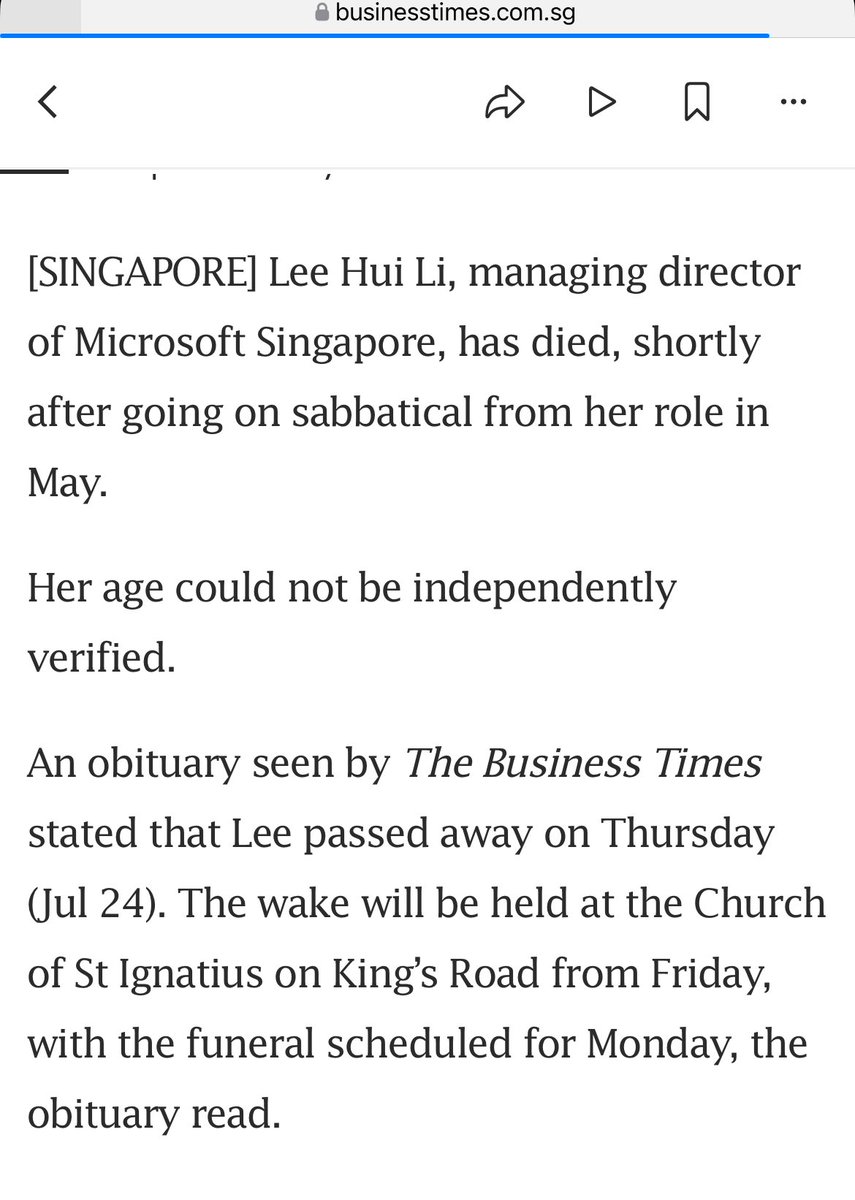 新加坡微软公司董事总经理Lee HuiLi猝死了……她于2022年3月被任命为微软新加坡公司总经理。 好年轻哦，昨天去世的。死因没有陈述。你懂我懂。  评论：不要以为自己高学历，高职位，高收入，就会躲过covid针毒，当不能真实的面对自己，灾难就会到来。