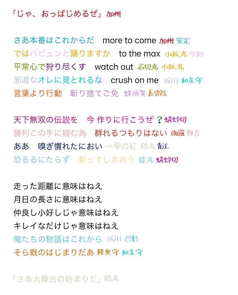 散るほどに美しく」の歌詞＆パート割り(ver.2)です 誰が歌ってるかわからないところあるので耳良人(みみよいんちゅ)教えてください  名前の左右はパンの振り分けと対応しています