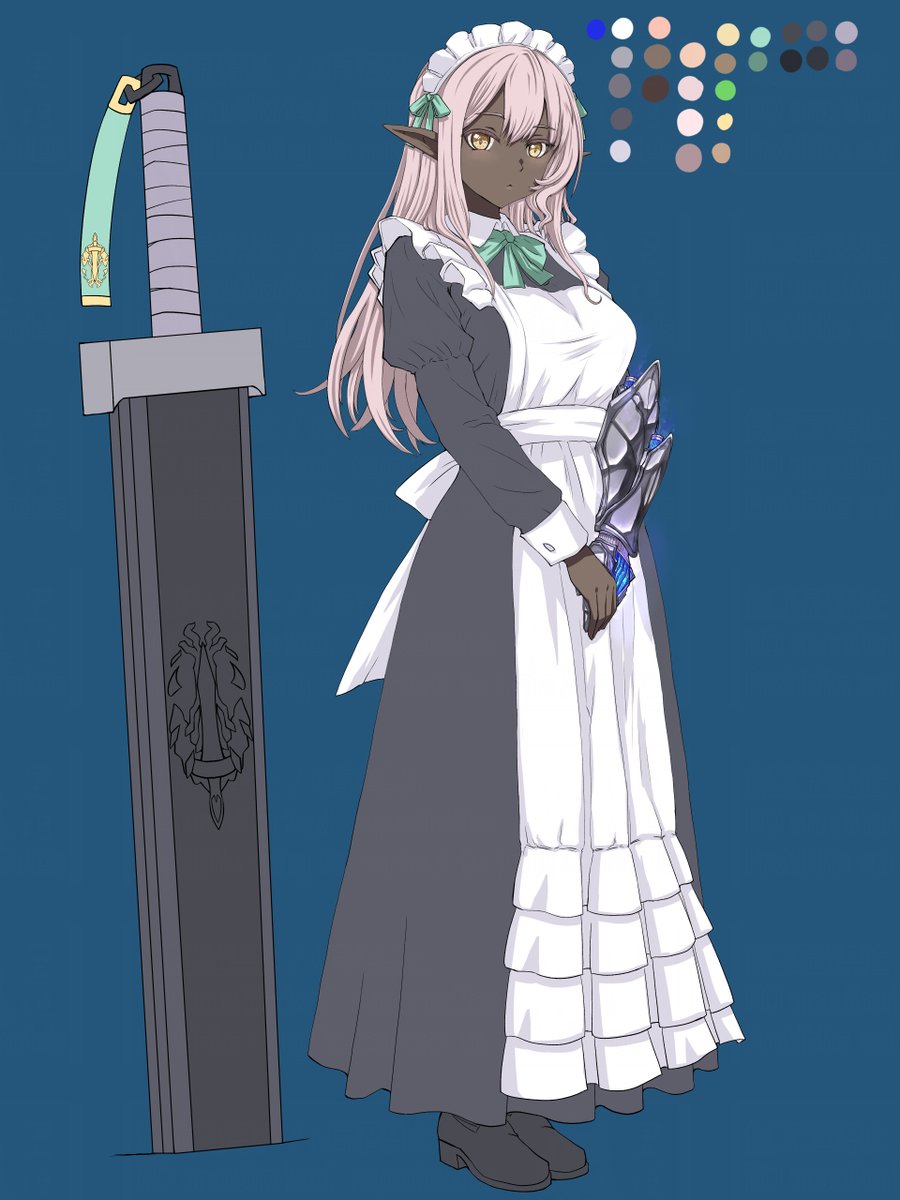DAISANTE's tweet image. 幻創のグラナグラムのサブキャラ達のラフイメージその3です。
ダークエルフの給仕さんで、サダューインさんの身の回りのお世話から要人警護まで幅広く動いてくれるヒトです。