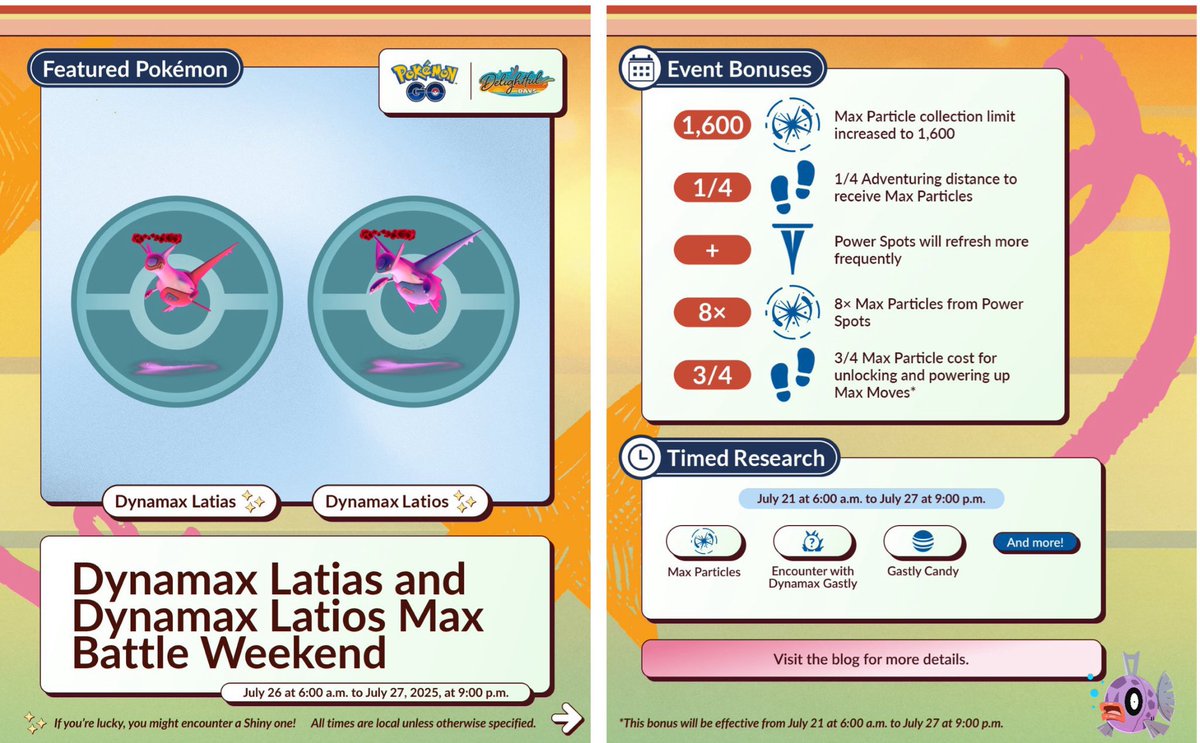 PurpleFeebas's tweet image. Are you going to shiny hunt these?
Dynamax Latios & Latias Max Battle Weekend is tomorrow 👇🏻
#ポケモンGO #PokemonGo #PurpleFeebas