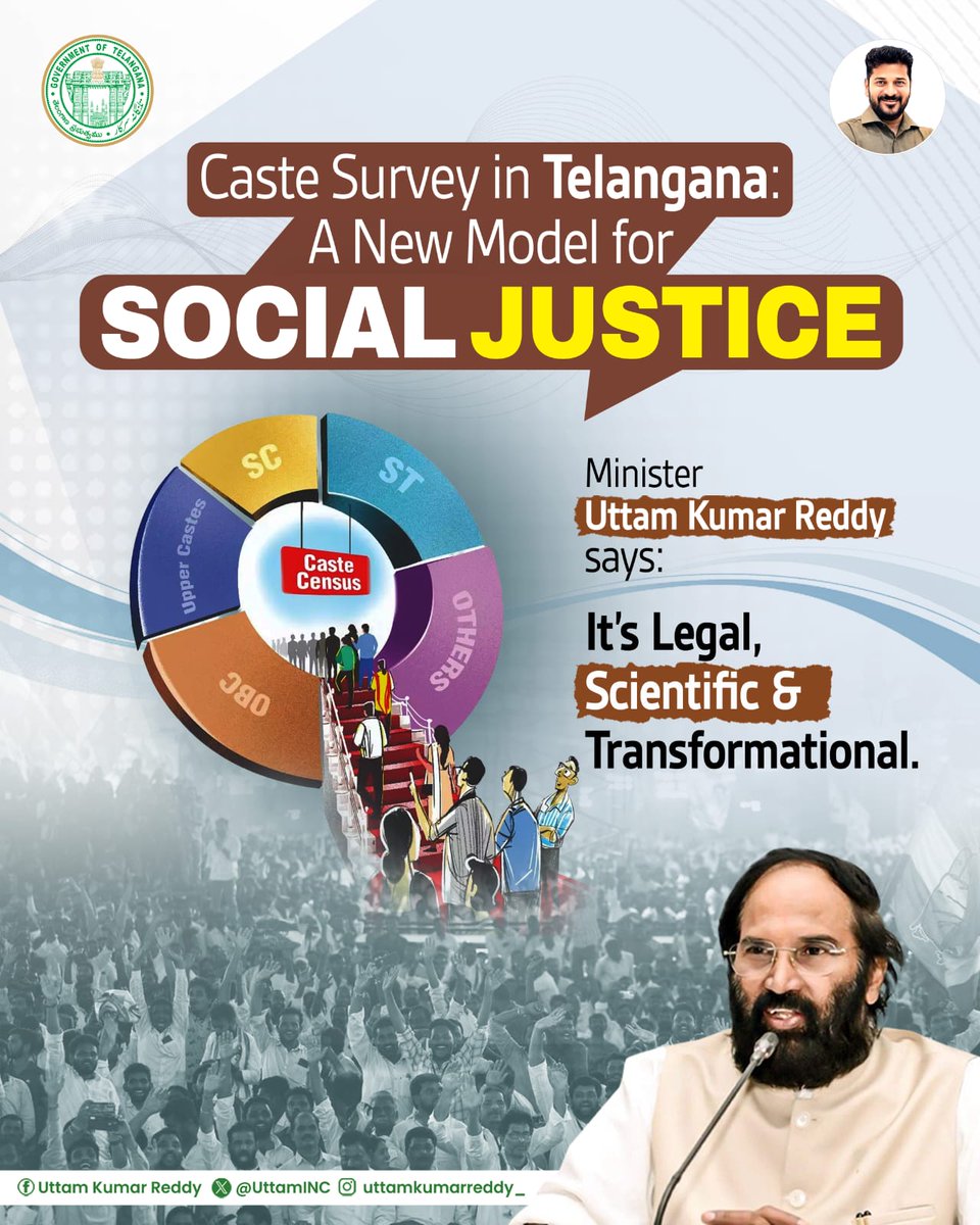 Caste Survey In Telangana: A New Model For Social Justice 

The caste survey conducted in Telangana is a new model for Social Justice as it is Legal, Scientific, and Transformational. 

This also fulfills the vision of our leader Shri <a href="/RahulGandhi/">Rahul Gandhi</a> who emphasised on Social Justice