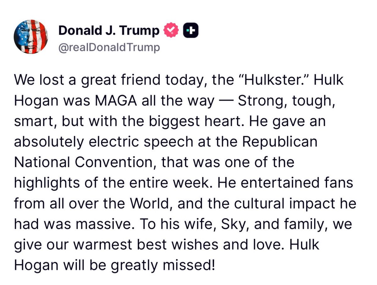 luckyvalpal's tweet image. I’ll never forget seeing @HulkHogan at the RNC last year. 💪 RIP Hulk, you were a great Patriot! 🇺🇸🙏