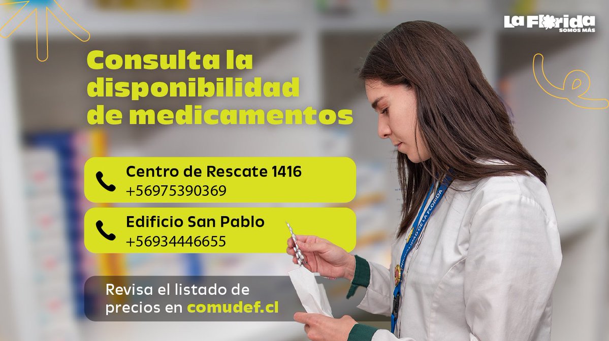 🟡 ¿Ya conoces nuestras Farmacias Ciudadanas?
¡Accede a medicamentos a precios justos en La Florida! 💊🌿

📍 Direcciones:
✅ Centro de Rescate 1416 – El Ulmo 824
✅ Edificio San Pablo – Av. Vicuña Mackenna 10.777

💻 Revisa precios y más en: comudef.cl