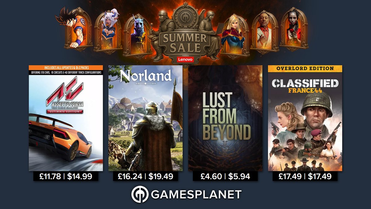 GamesplanetUK's tweet image. Prepare for war and race around tracks with some Day 1 Highlights in our Summer Sale:
Assetto Corsa Ultimate Edition (-73%)
Norland (-35%)
Lust from Beyond (-70%)
Classified: France '44 Overlord Ed (-65%)
👉 gamesplanet.com/summersale
All Deals end August 4th at 1am PT / 9am BST