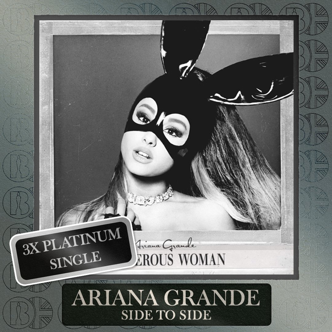agchartd's tweet image. Ariana Grande's and Nicki Minaj's "Side to Side" has been certified 3X Platinum in the UK, due to selling over 1.8 million units in the region.
— This is Ariana's 7th song of all time to achieve that milestone.