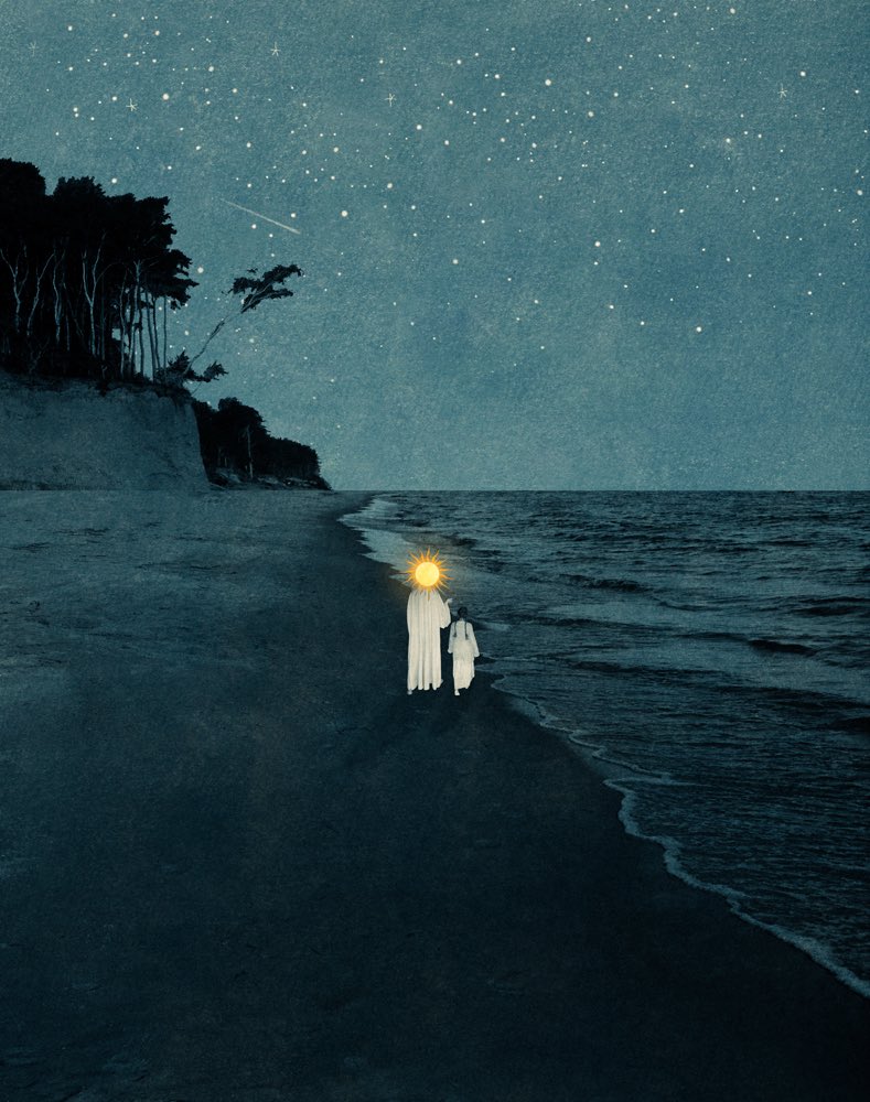 In the stillness of night, upon the sandy shoreline, the Fiery Star leans close to the soul, weaving ancient tales — of how the hand of God stirred the void, breathed light into the abyss, and kindled the stars, one by one, to dance within the vast cathedral of the cosmos.