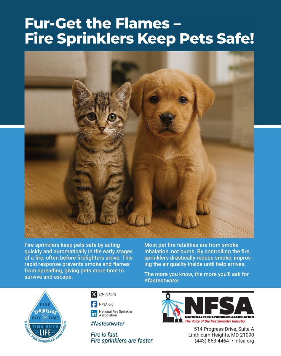 NFSAorg's tweet image. This week, we posted a great #sprinklersave in an apt unit where a dog was home alone. He was fine! So this #FastestwaterFriday, let&apos;s spread the word! #FurGettheFlames!
