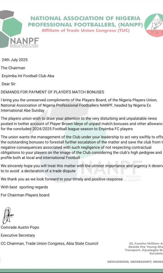 NpflTori's tweet image. National Association of Nigeria Professional Footballers write Enyimba.